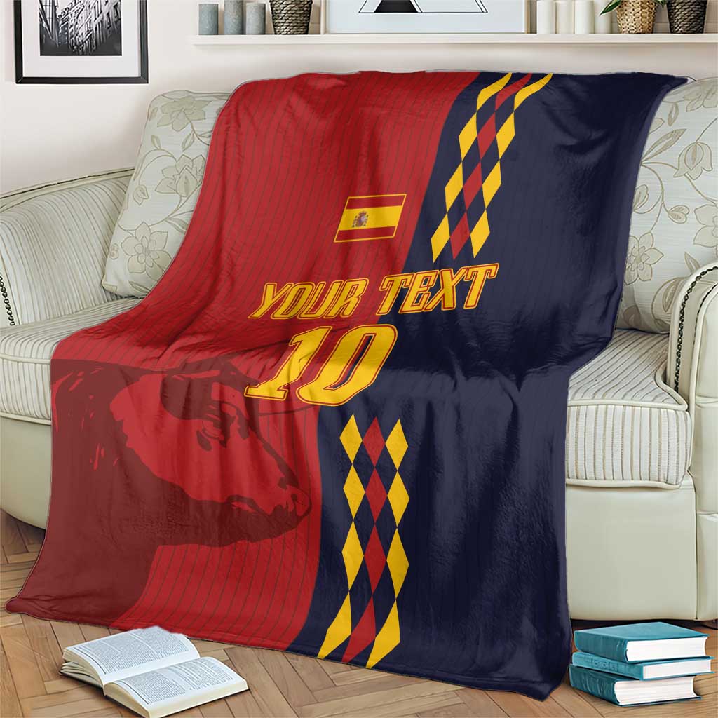 Custom Spain football blanket on an armchair, red-and-navy lion graphic with diamond stripe panel
