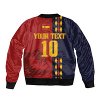 Bomber jacket back graphic with number 10, text, red and navy panels, diamond stripe
