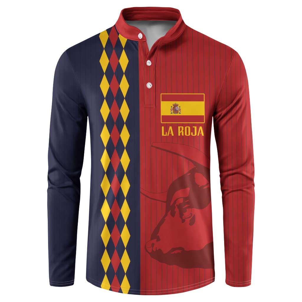 Red and navy button-up sweatshirt with yellow diamond side panels, crest and La Roja