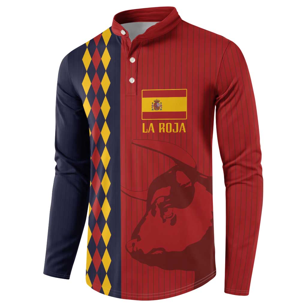 Red and navy button-up sweatshirt with yellow diamond side panels, crest and La Roja