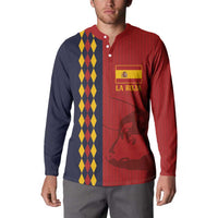 Red and navy button-up sweatshirt with crest, La Roja print, and yellow diamond side