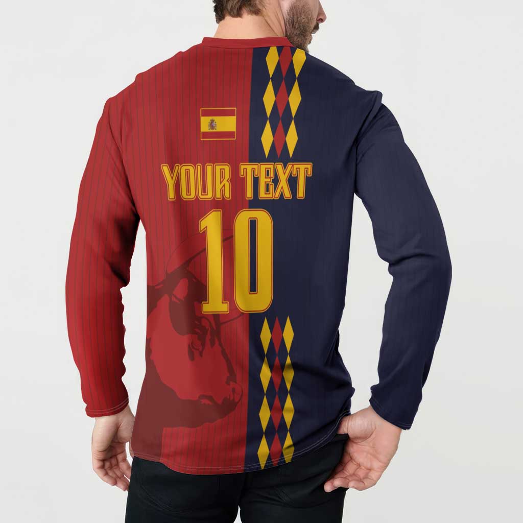 Back of red and navy button-up sweatshirt with YOUR TEXT 10 graphic and diamond panel