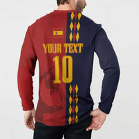 Back of red and navy button-up sweatshirt with YOUR TEXT 10 graphic and diamond panel
