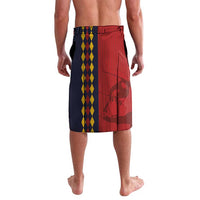Men's football wrap shorts, red navy with yellow diamond side panel and crest graphic