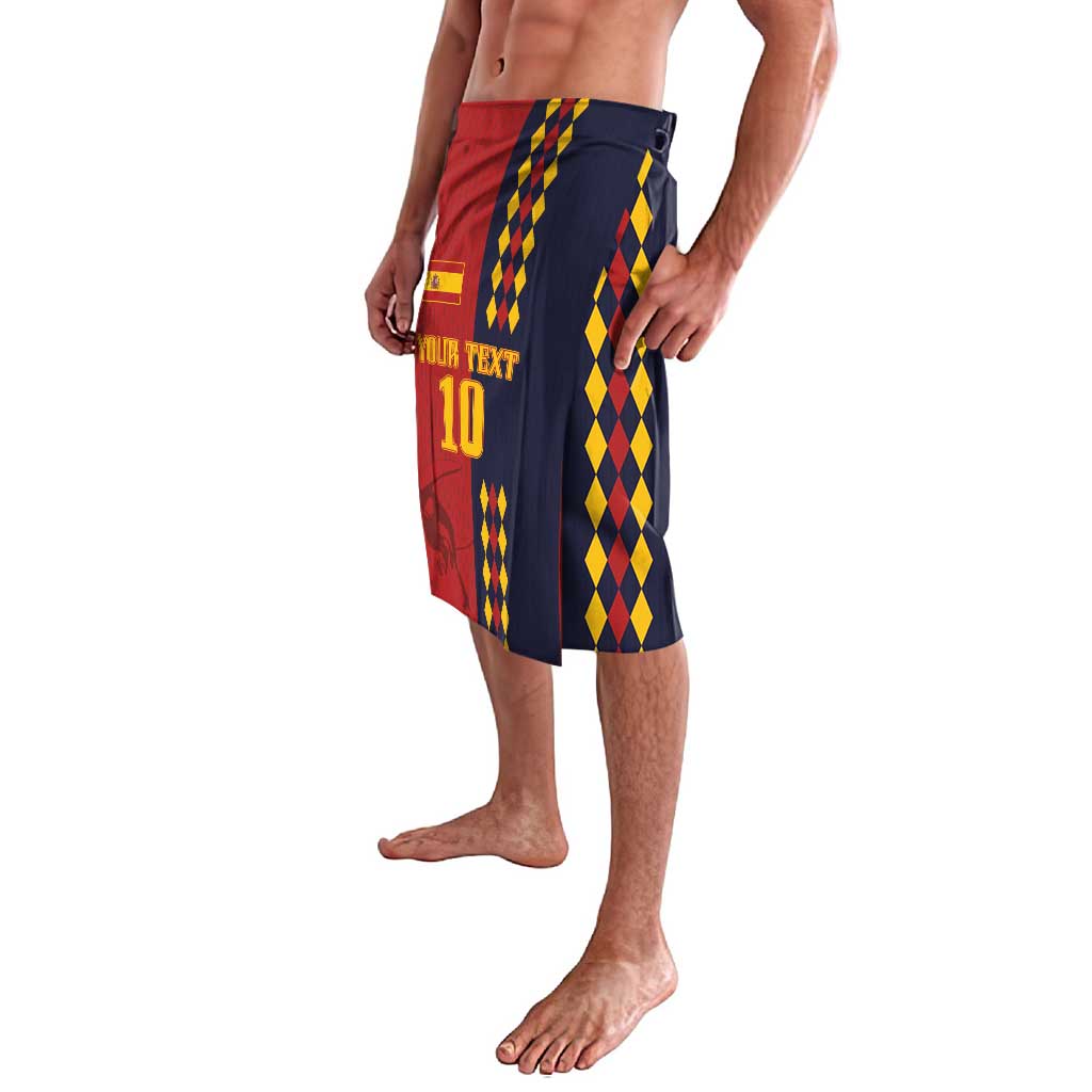 Men's football wrap shorts, red navy with yellow diamond pattern and YOUR TEXT 10 print