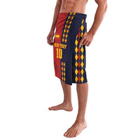 Men's football wrap shorts, red navy with yellow diamond pattern and YOUR TEXT 10 print