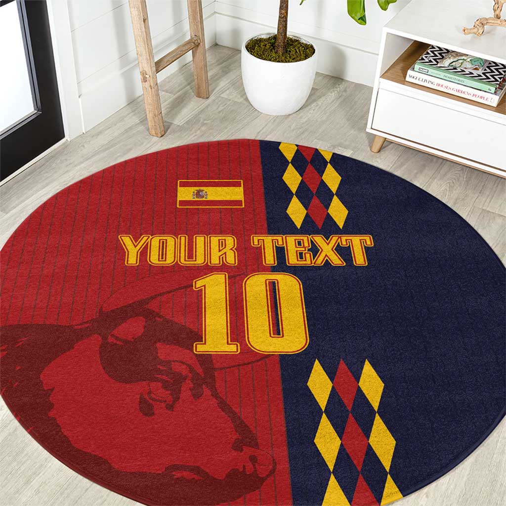 Round carpet with red and dark blue halves and “YOUR TEXT” large “10”