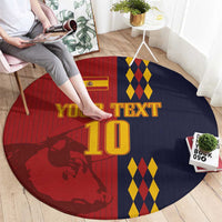 Round carpet with red left and dark blue right, “YOUR TEXT” and “10”