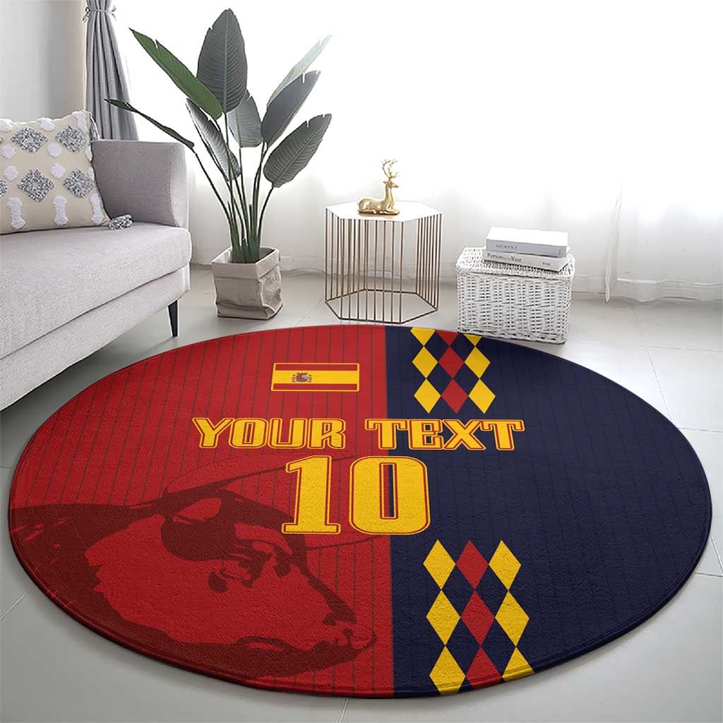 Round carpet in red and dark blue with “YOUR TEXT” and large “10” print