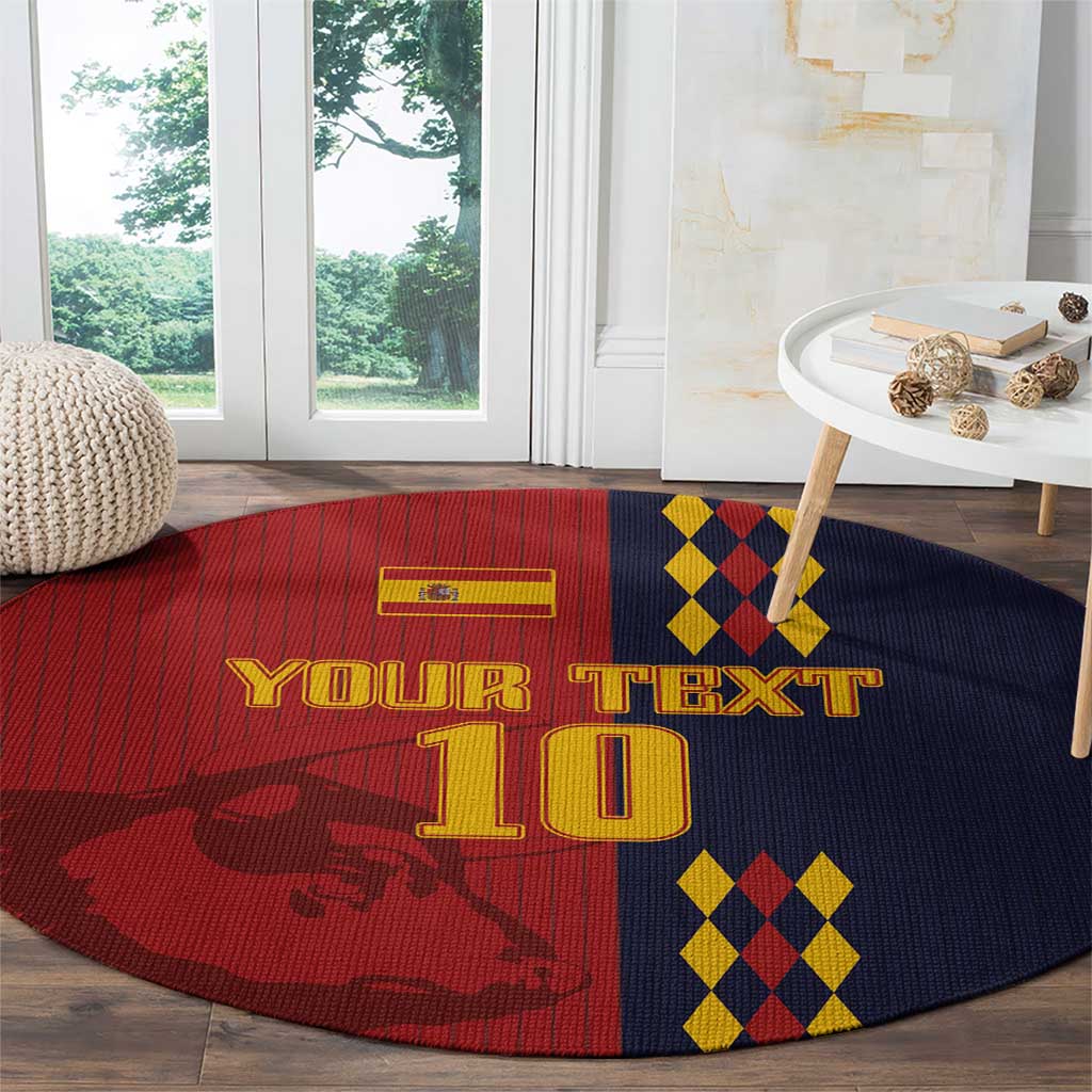 Round carpet with red and dark blue panels, “YOUR TEXT” and large “10” design
