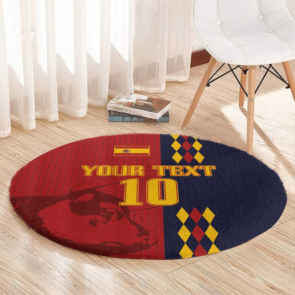 Round carpet with red center and dark blue side, “YOUR TEXT” and “10” print