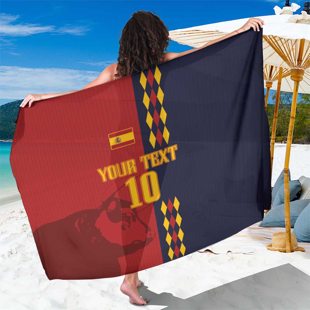 Spain football sarong draped, red front and navy back with yellow diamond trim, crest