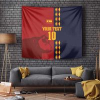 Wall-hung football tapestry in red and navy with yellow emblem and 'YOUR TEXT 10'.
