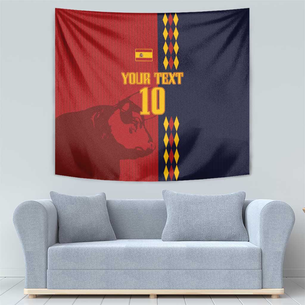 Spain-style football tapestry with red and navy halves, crest, and 'YOUR TEXT 10'.