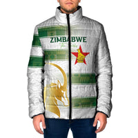 White padded rugby jacket with green-and-gold Zimbabwe stripes, full zip and hood