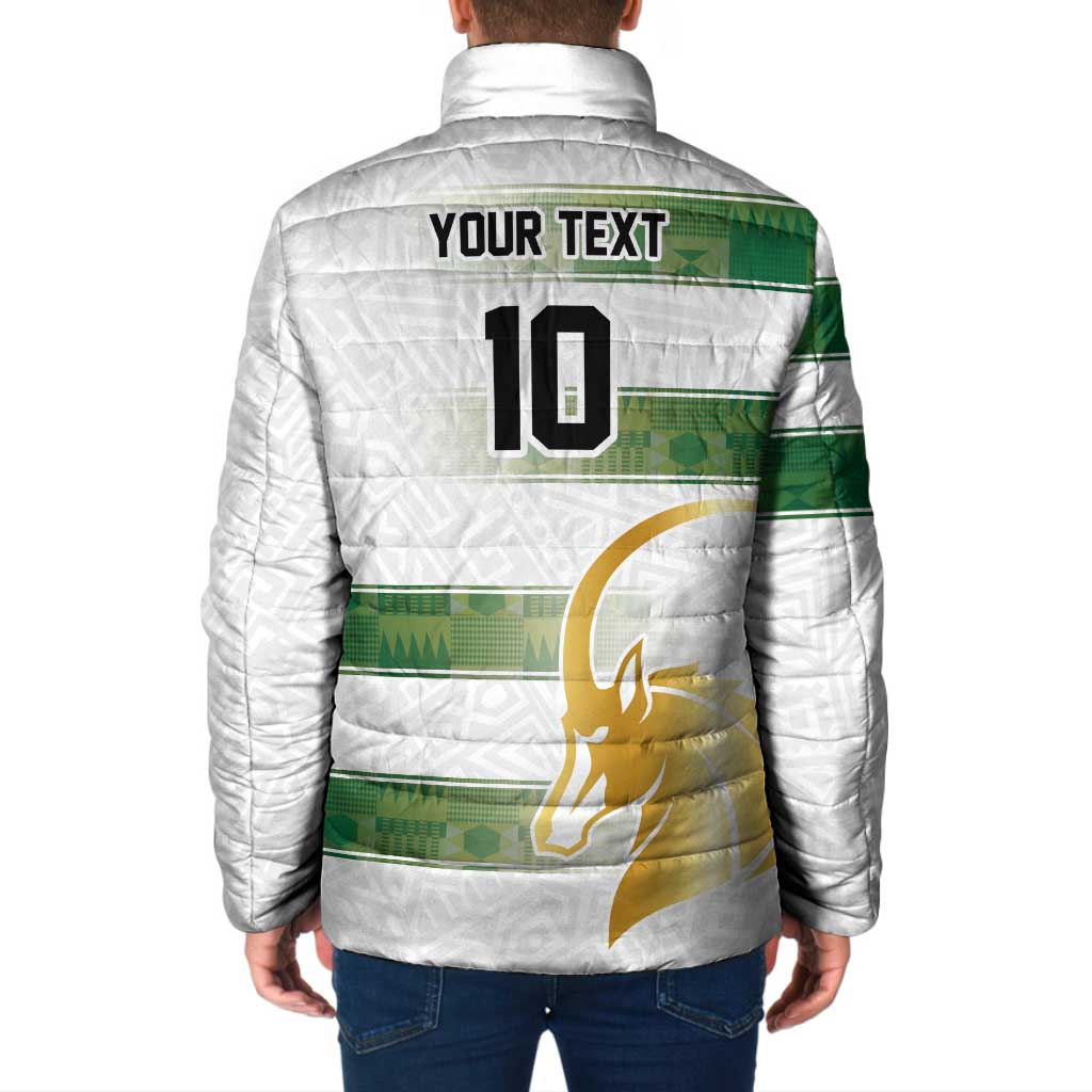 White padded rugby jacket back with YOUR TEXT and 10, green-striped design