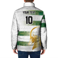 White padded rugby jacket back with YOUR TEXT and 10, green-striped design
