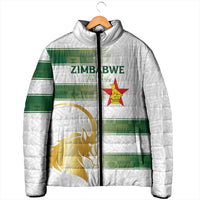 White padded rugby jacket with green-striped Zimbabwe graphics, full zip, hood, gold emblem