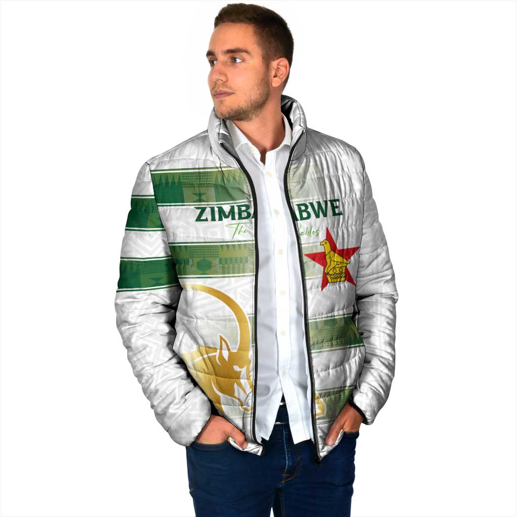 White padded rugby jacket with green-and-gold Zimbabwe stripe panels, zip front, hood