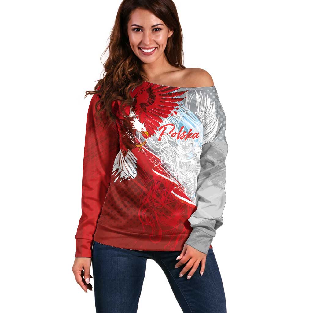 Poland Eagle and Winged Hussar Off Shoulder Sweater Grunge Sporty Style