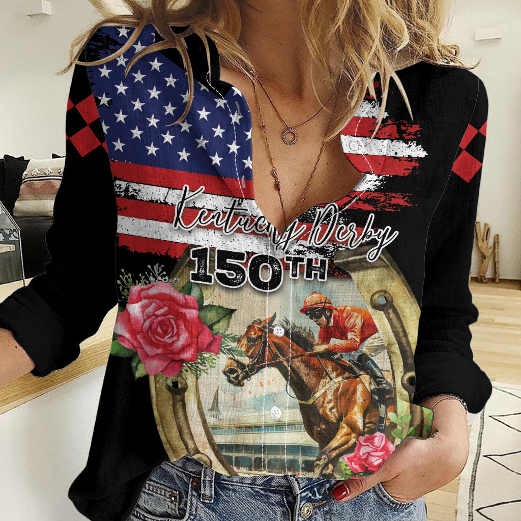 Kentucky Race For Rose 150th Women Casual Shirt Horseshoe With American Flag Vintage Style - Wonder Print Shop