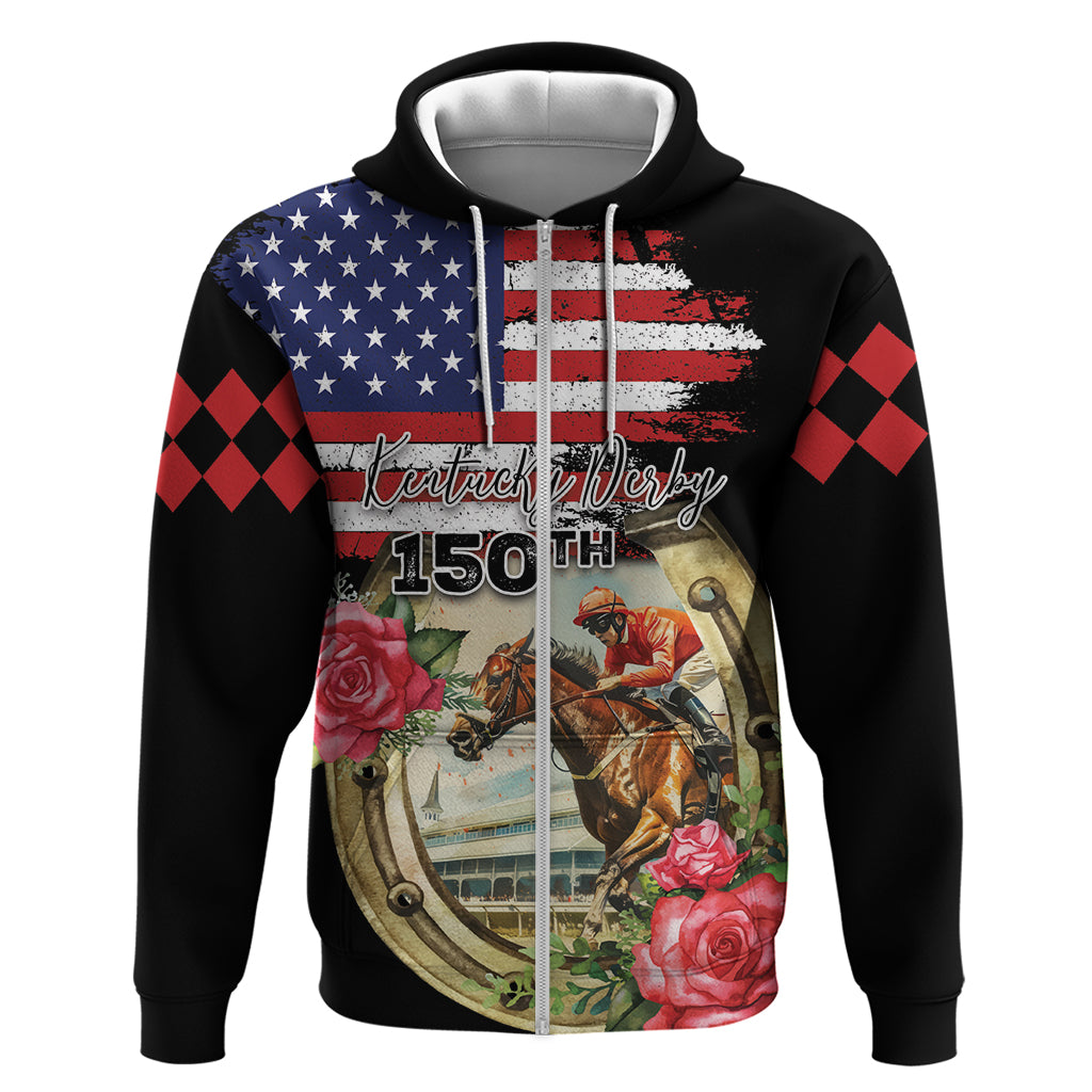 Kentucky Race For Rose 150th Zip Hoodie Horseshoe With American Flag Vintage Style - Wonder Print Shop