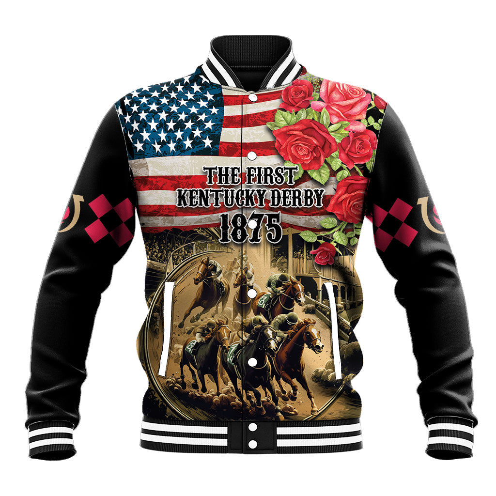 Black baseball jacket with American flag panel, roses, horse graphic; ribbed collar cuffs