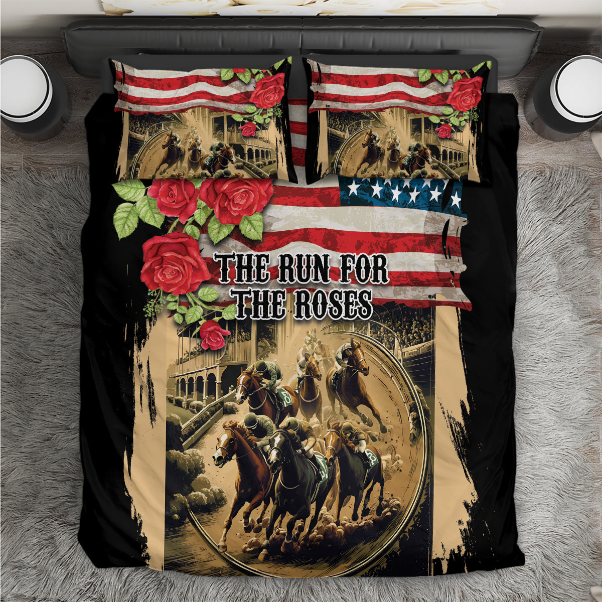 Black bedding set with patriotic flag, roses, and horse race artwork on duvet and pillows