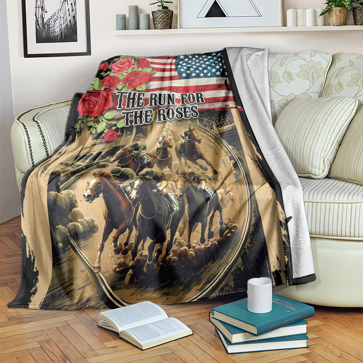 American flag throw blanket with roses and horse racing artwork, dark border