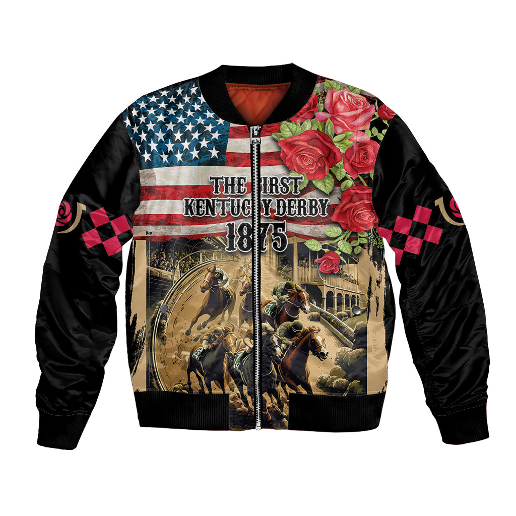 Unisex black bomber jacket with American flag print, horses and roses, ribbed cuffs