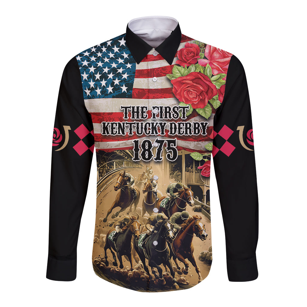 Black long sleeve button shirt with stars-and-stripes, roses and horse-race graphic
