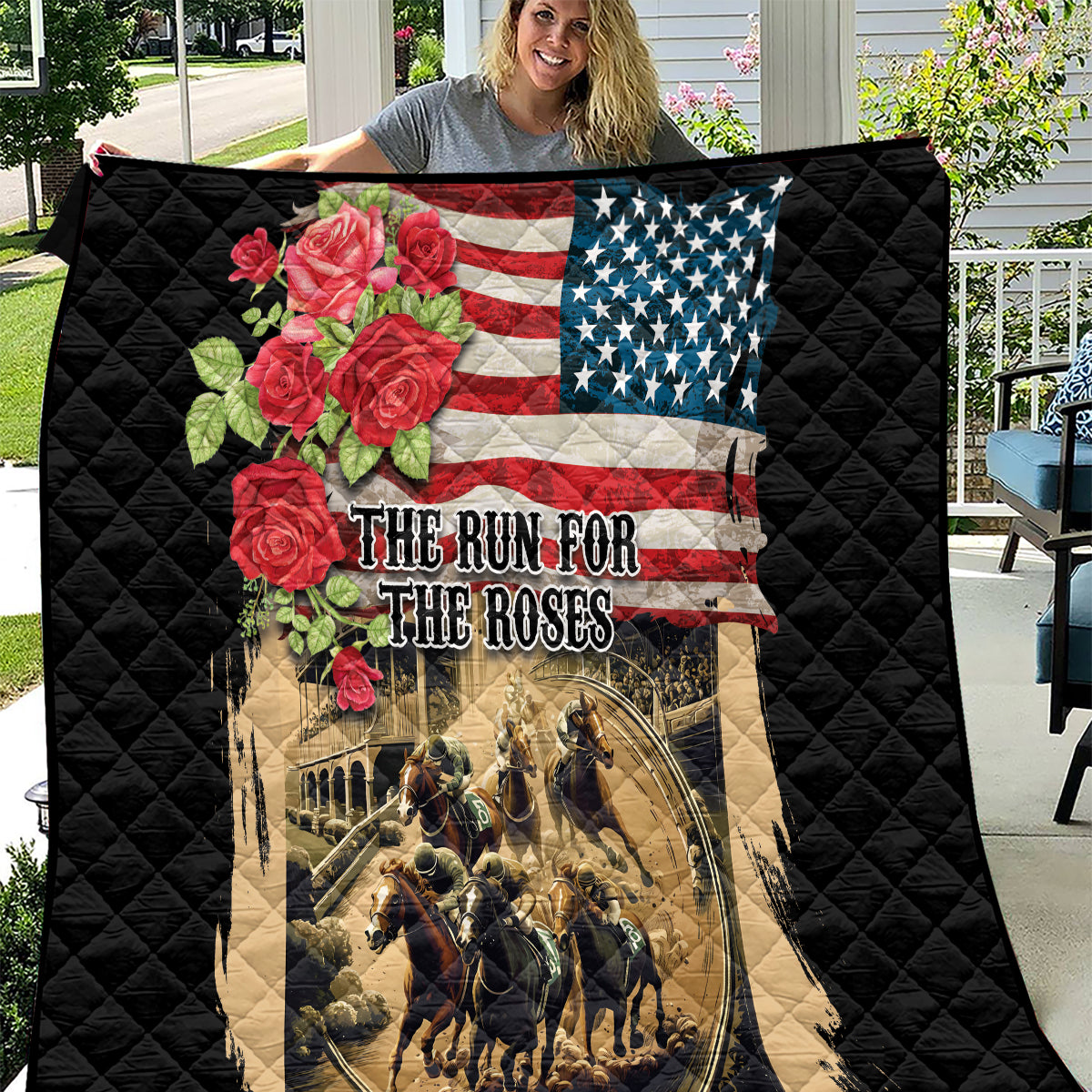Black quilt with American flag, red roses, horse riders, and 'The Run for the Roses' text.