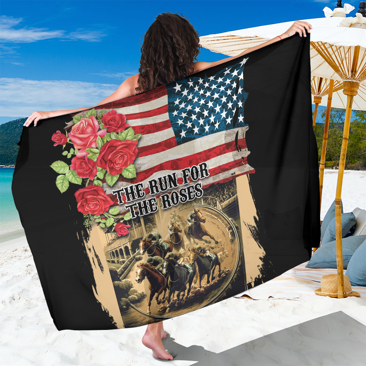 Black beach sarong with American flag stars, roses, and 'Run for the Roses' print