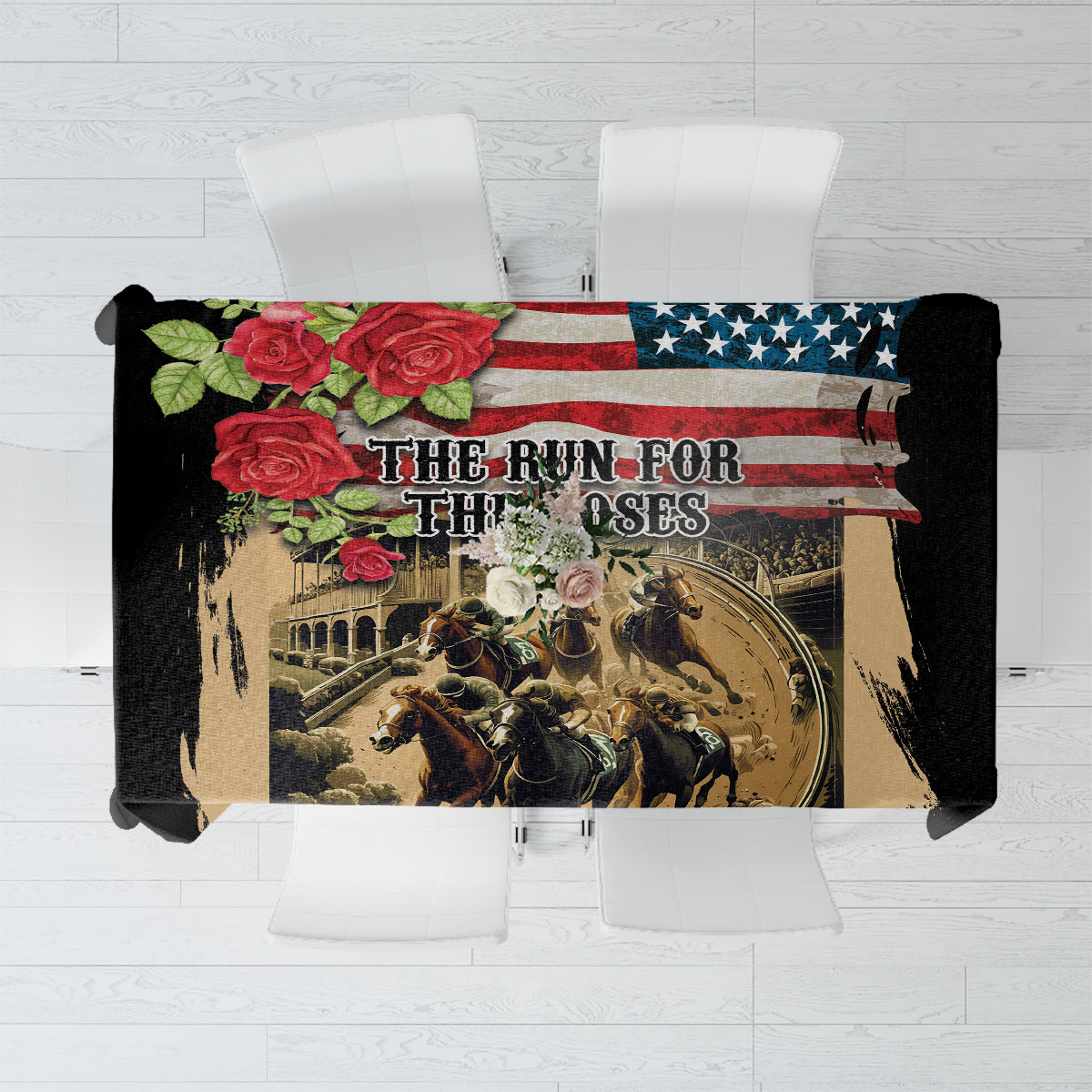 Folded black tablecloth showing horse-racing scene with roses and American flag