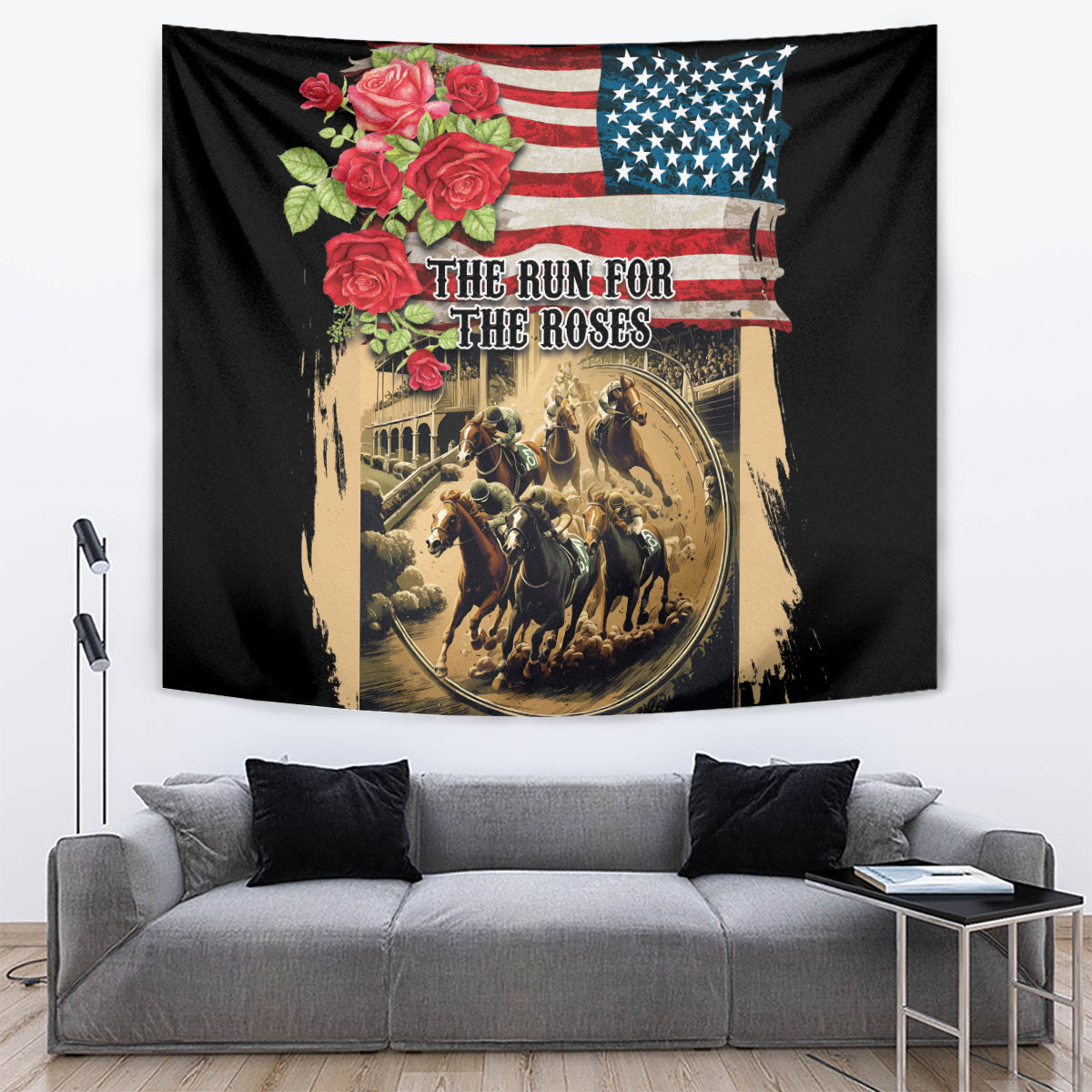 Black horse racing tapestry with American flag, roses, and mounted riders print
