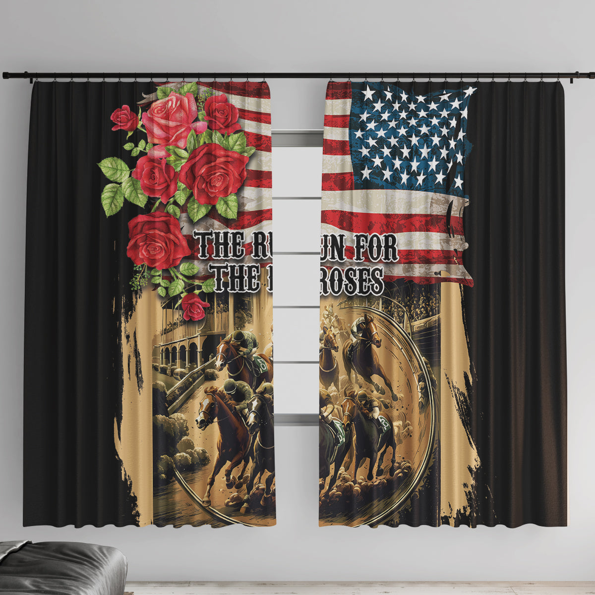 Black window curtain pair with red-white stripes, blue stars, red roses, and racing horses