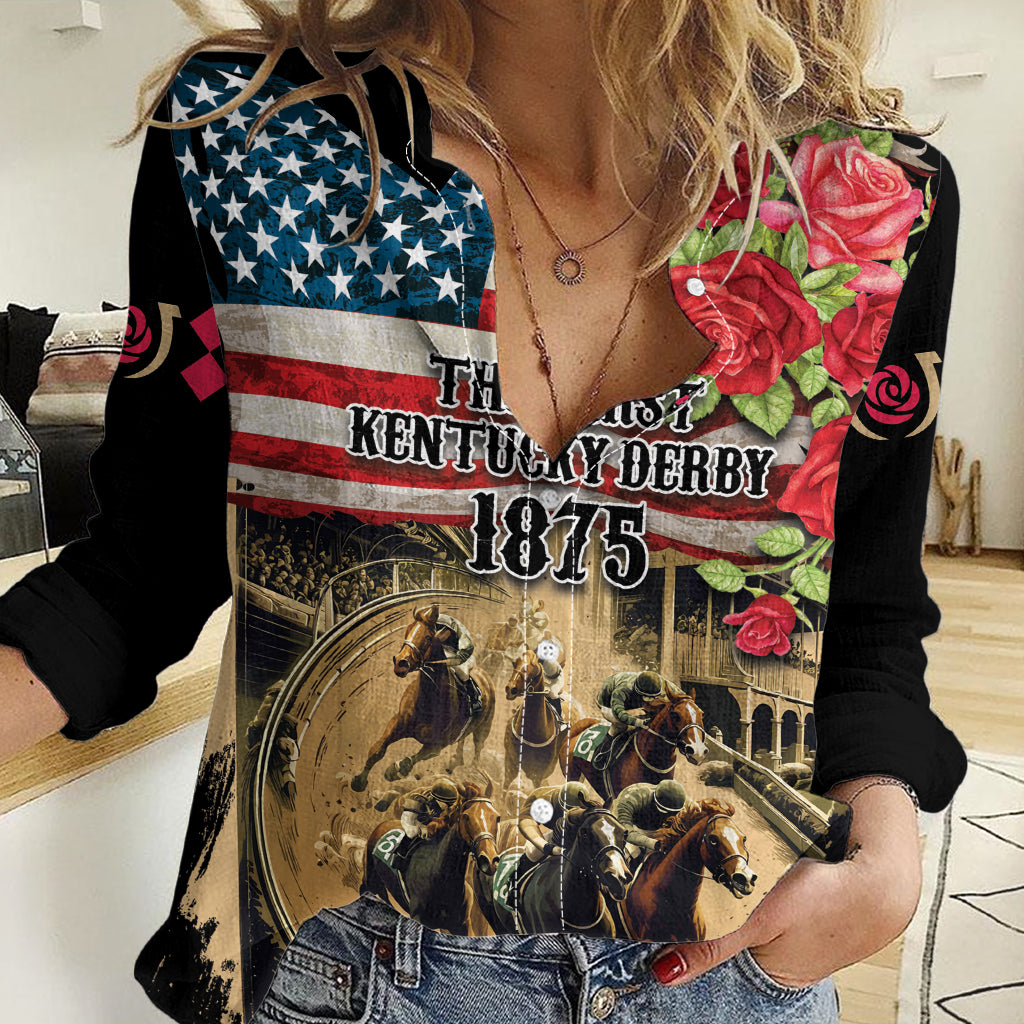 The First Kentucky Horse Racing Women Casual Shirt Since 1875 American Flag Vintage Style - Wonder Print Shop