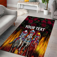 Personalized area rug featuring racing horses, red roses, and 'YOUR TEXT' design