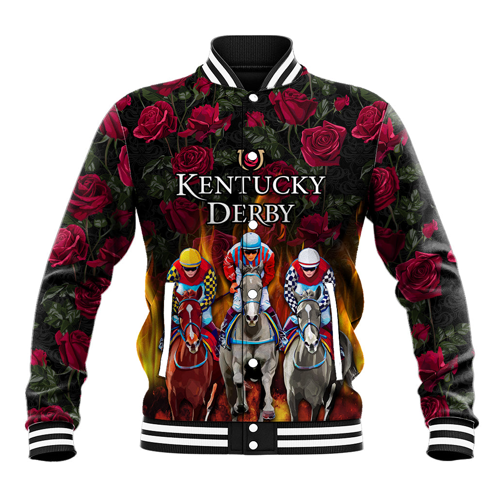 Black baseball jacket with rose print, Kentucky Derby horse graphic, ribbed collar