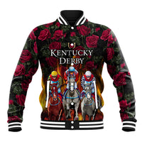 Black baseball jacket with rose print, Kentucky Derby horse graphic, ribbed collar