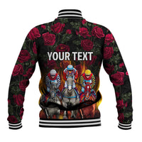 Black baseball jacket back with roses and customizable text, horse racing artwork