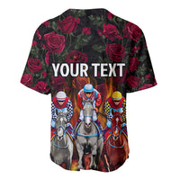 Black baseball jersey with rose pattern, horse racing graphic, "Your Text" design