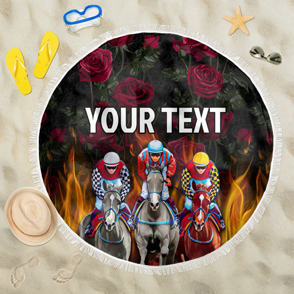 Black round beach blanket with horse riders, roses, and 'YOUR TEXT' design