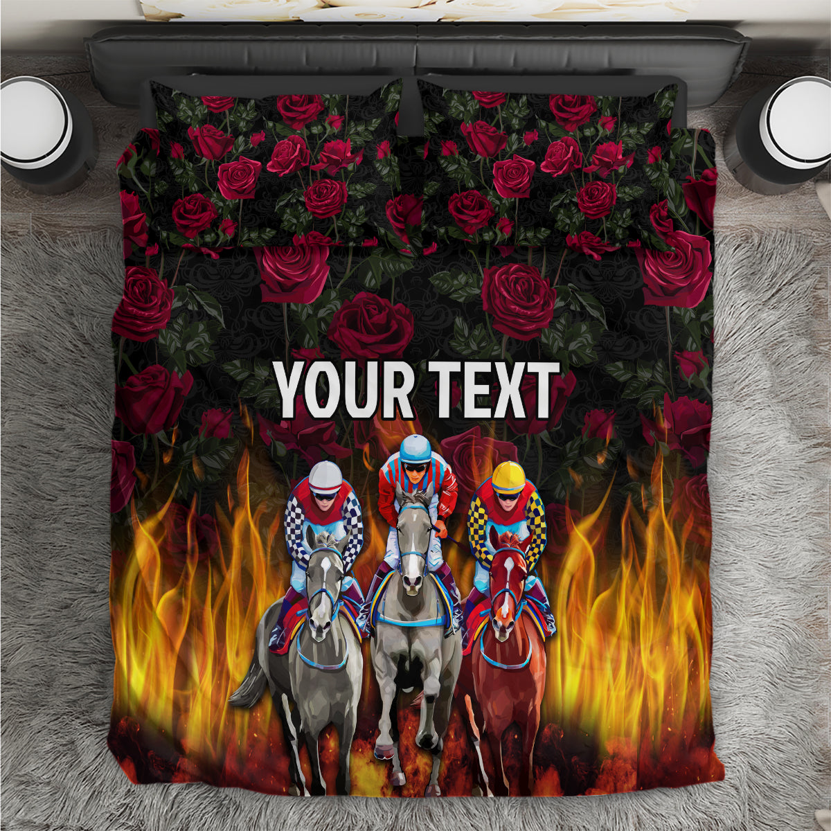 Personalized bedding set: dark roses, flames, horse racing horses, 'YOUR TEXT'