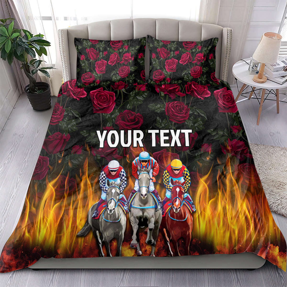 Personalized bedding set with dark roses, flames, three racehorses, 'YOUR TEXT' center
