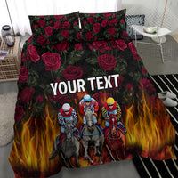 Personalized bedding set with dark roses, flames, jockey-horse trio, 'YOUR TEXT' duvet
