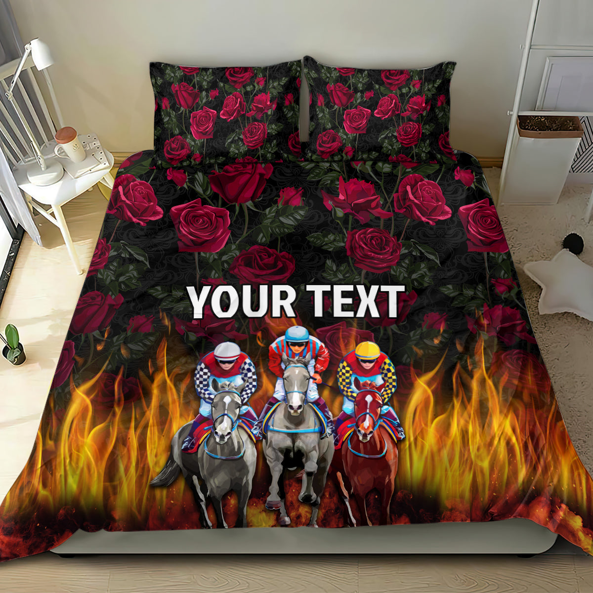 Personalized bedding set with dark roses, flames, racehorses and 'YOUR TEXT' on duvet