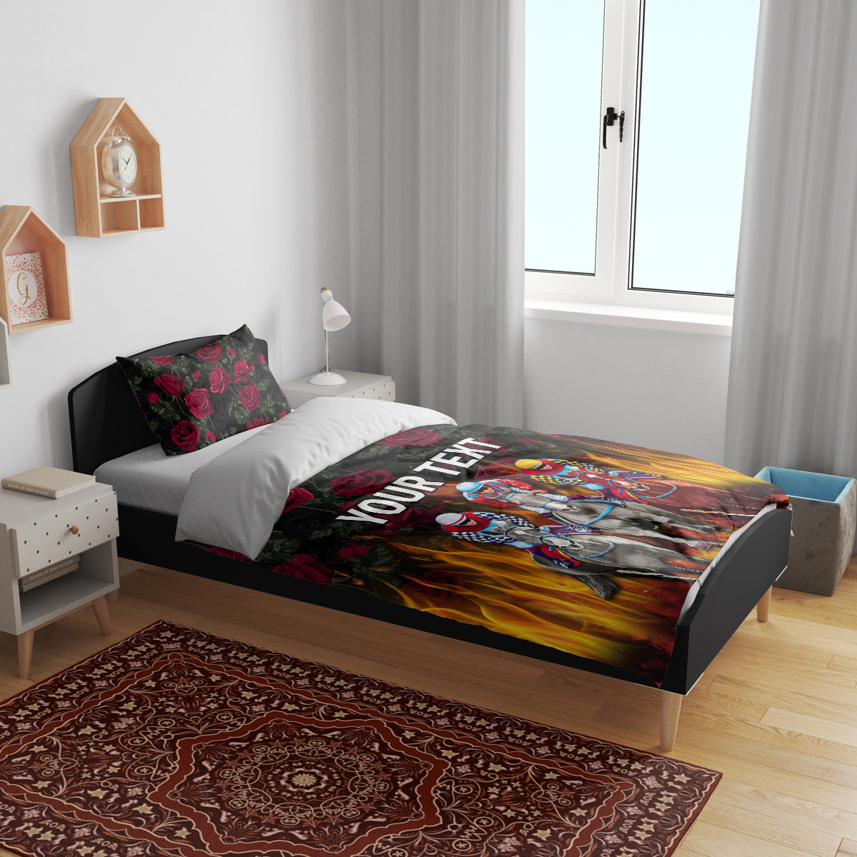 Personalized bedding set on bed with dark roses, flames, racehorses, 'YOUR TEXT' duvet