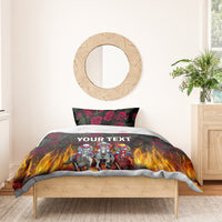 Personalized bedding set with dark roses and flames, racehorses, 'YOUR TEXT' on duvet