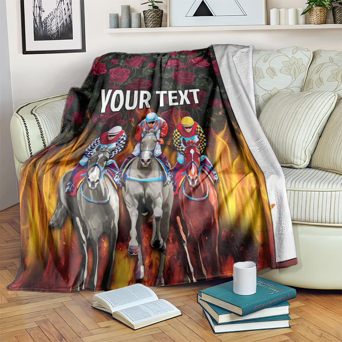 Personalized racing blanket with horse riders, roses & flames, 'YOUR TEXT' on black